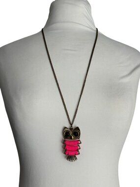 Owl Pendant Necklace Pink String Brass Tone Boho Statement Articulated Big Eyes